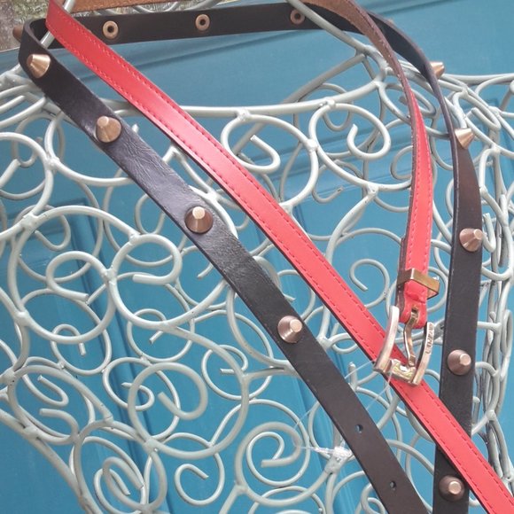 2 Belts Genuine Leather Thin Studded with Spikes Metal Studs Grommets Rivet BOGO - Picture 4 of 16